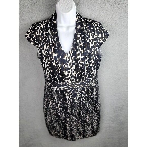 Ann Taylor Dress Womens 8 Black Brown Cream Geometric V-Neck Corpcore Siren - Picture 16 of 16